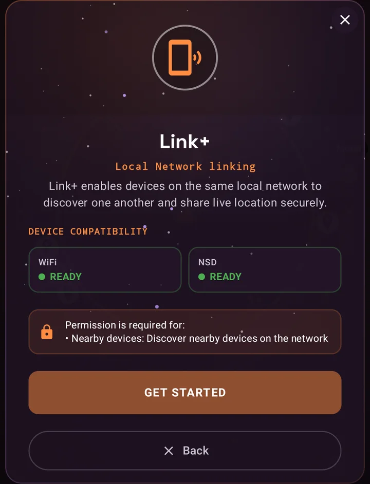 Link+ setup dialog describing local network linking, with Wi-Fi and NSD compatibility both marked ready and a Get Started button
