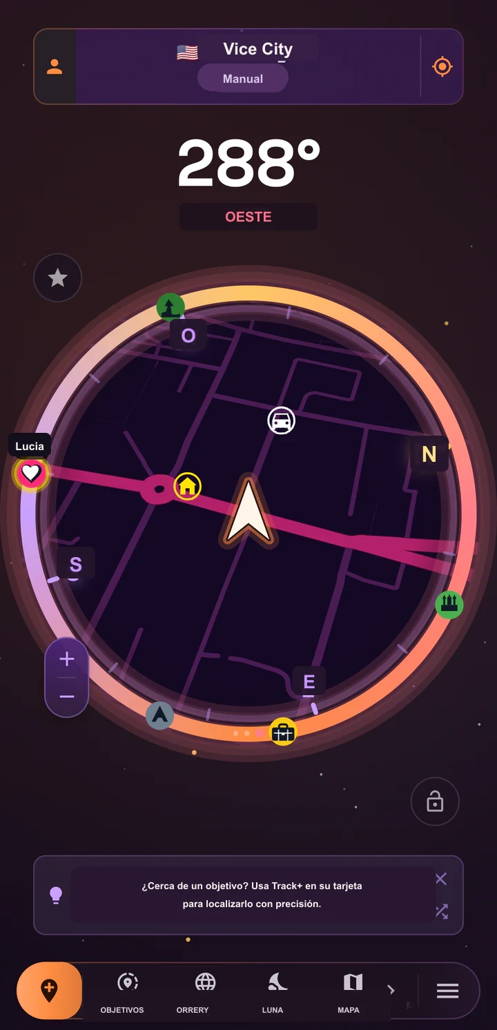 Captura en directo del Minimap de SIMT en un Pixel 8a con un mapa circular morado de calles, una flecha hacia delante, rumbo oeste de 288 grados, un objetivo de Lucia, casa, coche, parque, museo y otras señales de radar.