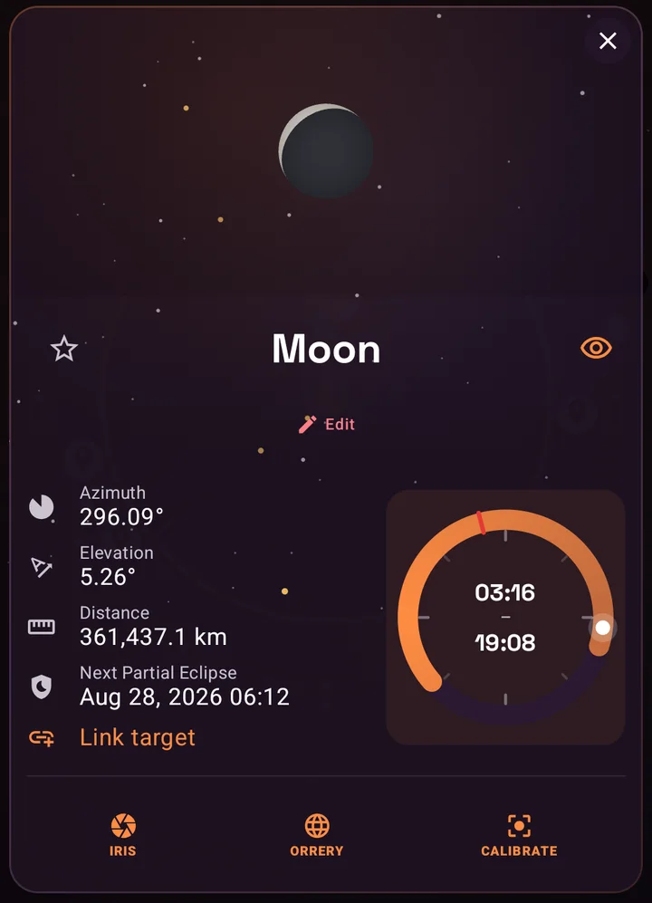 SIMT Moon sky details dialog with azimuth, elevation, distance, the next partial eclipse date, and a 24-hour dial showing rise at 03:16 and set at 19:08