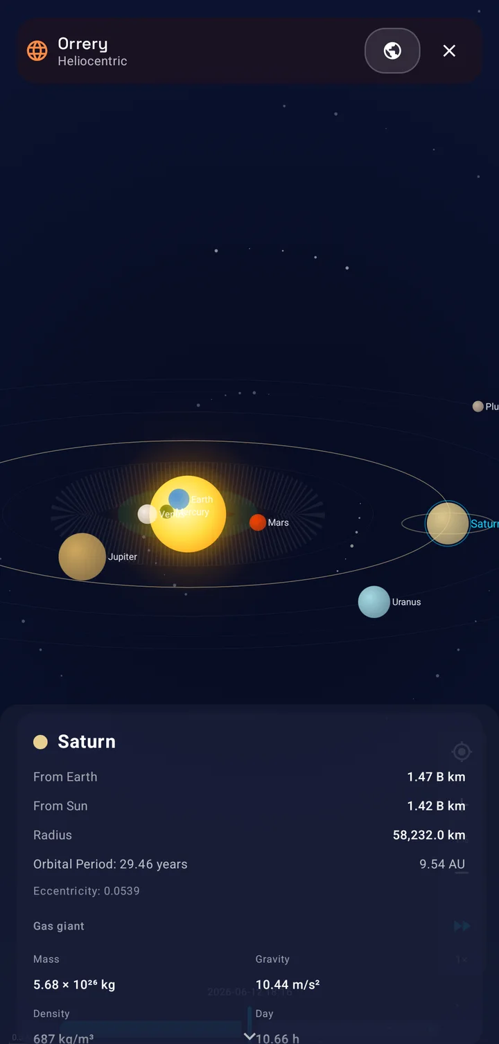 SIMT Orrery in heliocentric mode with Saturn selected, showing its distance from Earth and Sun, radius, orbital period, mass, and gravity
