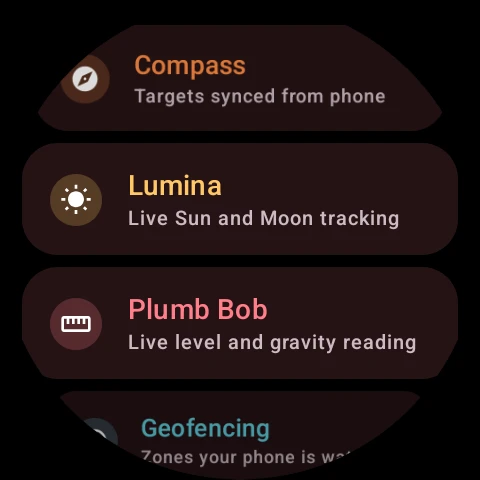 SIMT watch launcher listing Compass, Lumina, Plumb Bob and Geofencing, each with a short description.