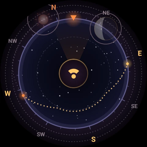 Lumina at night with a dark sky, a dotted solar path and dimmed Sun and Moon markers near the edge of the dial.